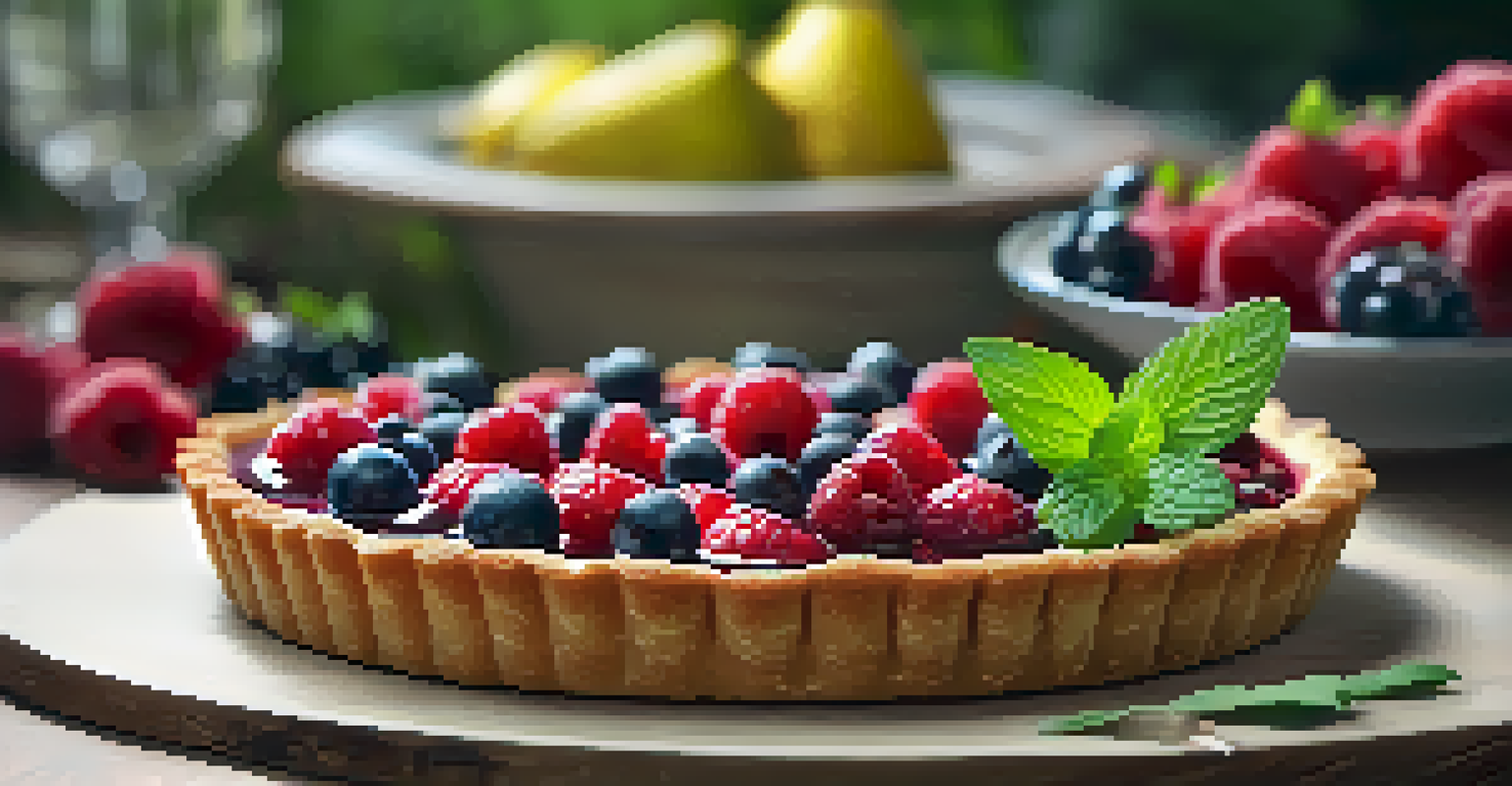 A close-up of a berry tart with fresh mint and a glass of Riesling wine.