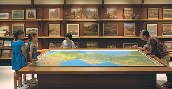 A bright museum exhibit featuring Native American artifacts with families exploring the displays.