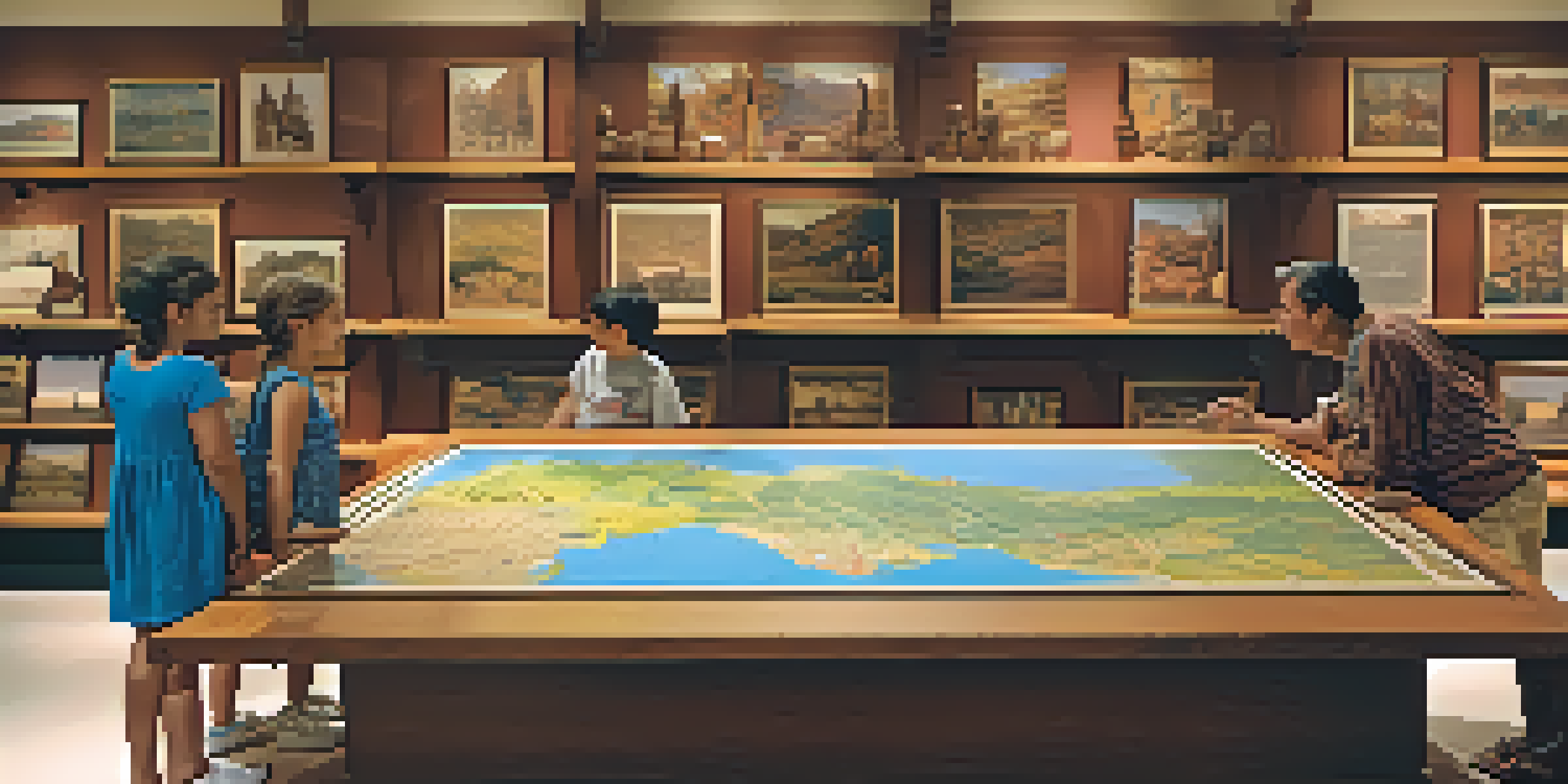 A bright museum exhibit featuring Native American artifacts with families exploring the displays.