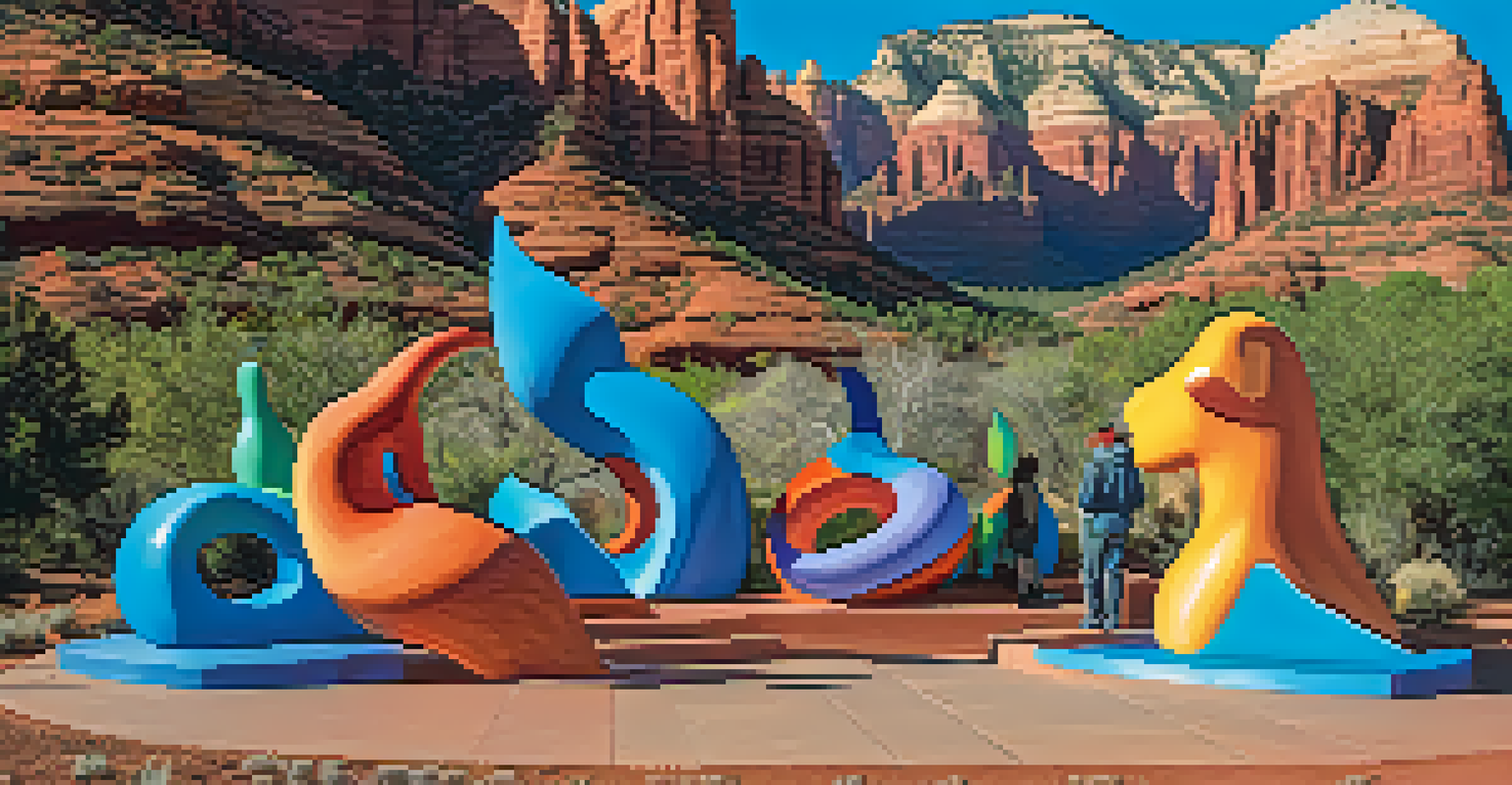 A colorful outdoor art installation in Sedona, with visitors exploring sculptures set against red rock formations under a blue sky.