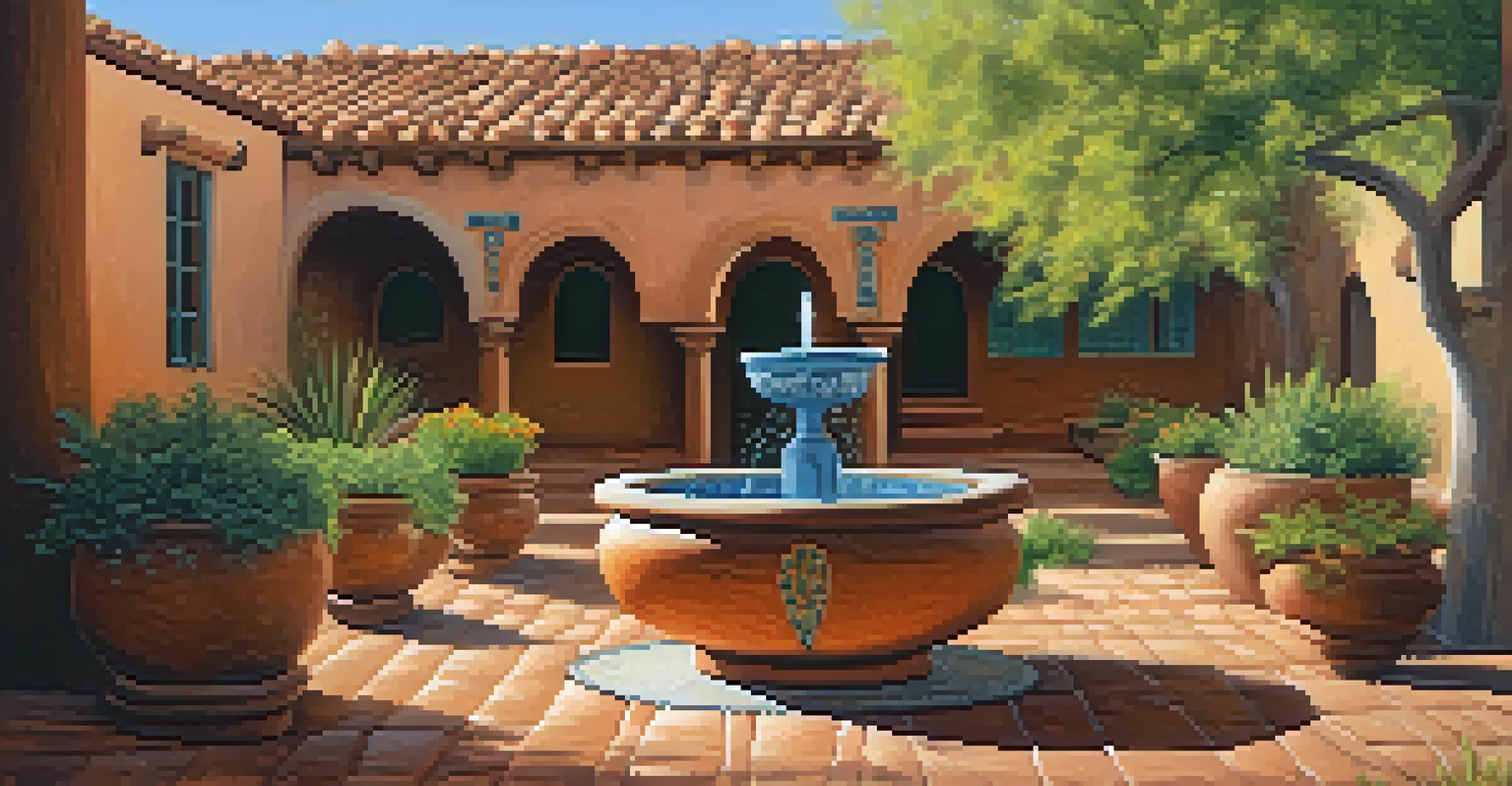 A colorful courtyard of an adobe building in Sedona, featuring hand-painted tiles, decorative arches, and a fountain, with sunlight filtering through trees.