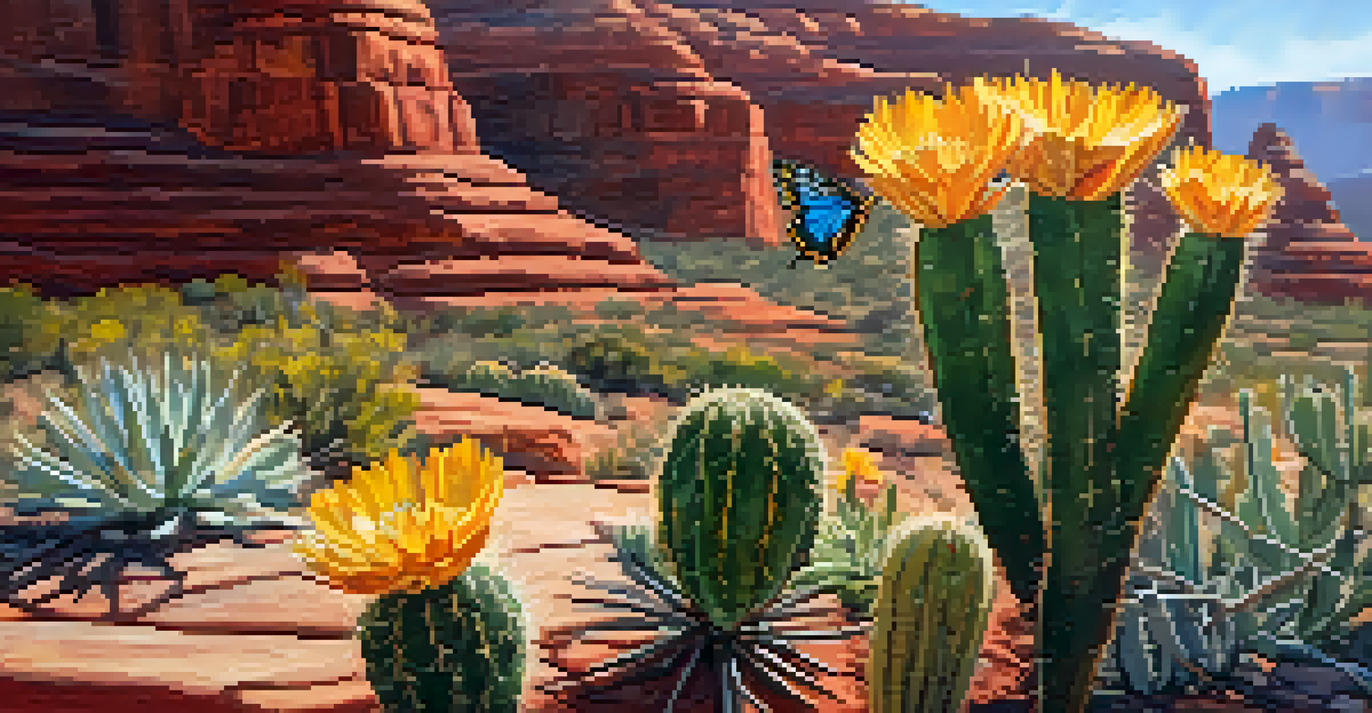 A close-up view of native wildflowers and cacti in Sedona, with sunlight illuminating their colors and textures, and a butterfly nearby.