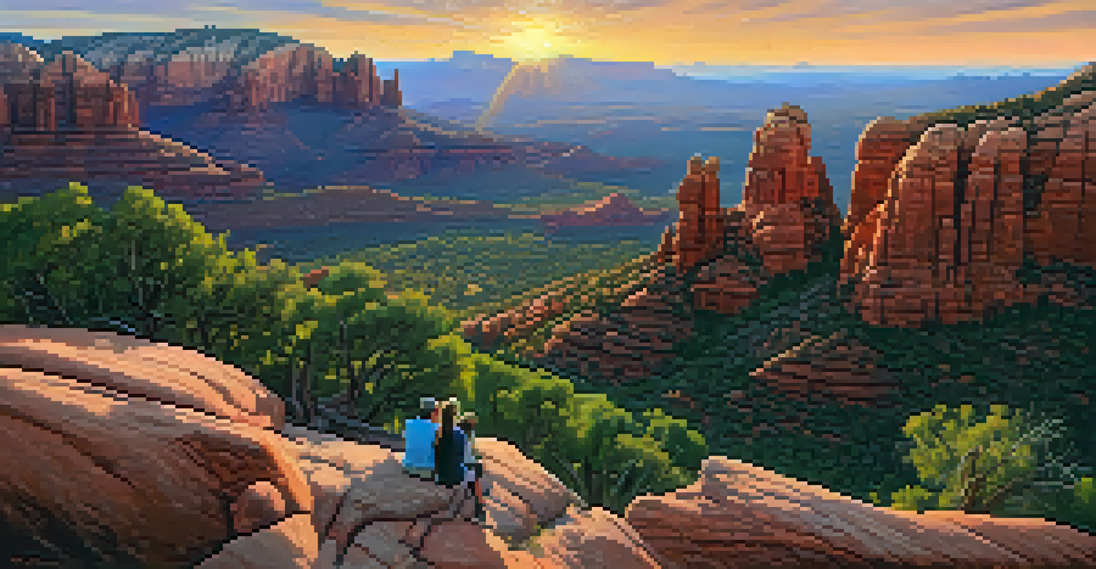 Families enjoying the sunset view from Cathedral Rock, with stunning red rock formations and a colorful sky.