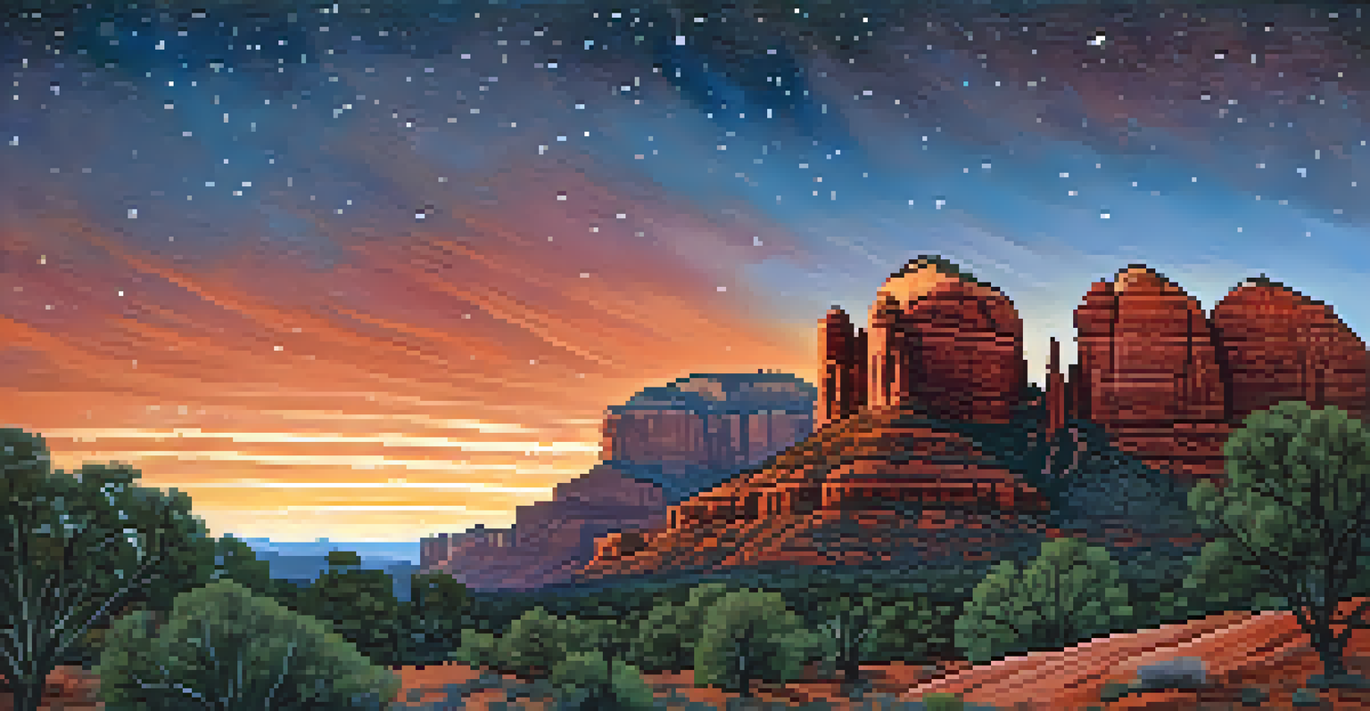 A panoramic view of Sedona's red rock formations at dusk, with a starry sky and silhouetted pine trees.