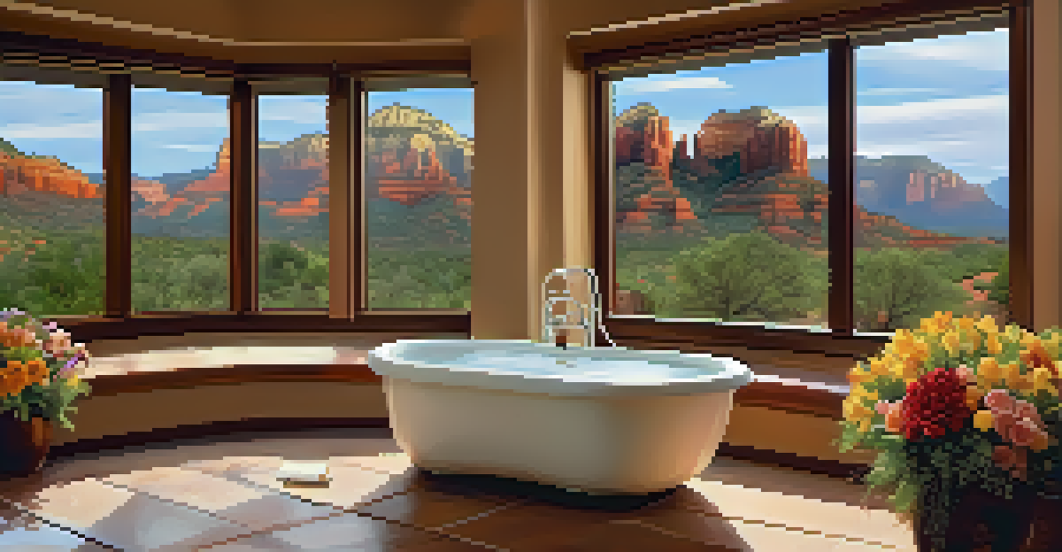 A serene spa room with a jetted tub, candles, and flowers, overlooking Sedona's red rock landscape.