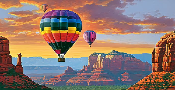 A colorful hot air balloon floating above red rock formations in Sedona, Arizona, with a family inside enjoying the view during sunrise.