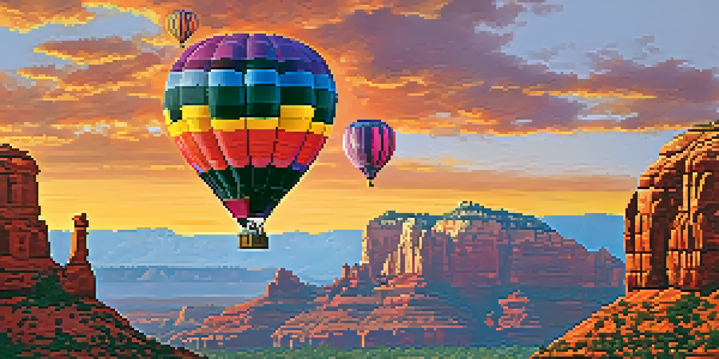 A colorful hot air balloon floating above red rock formations in Sedona, Arizona, with a family inside enjoying the view during sunrise.