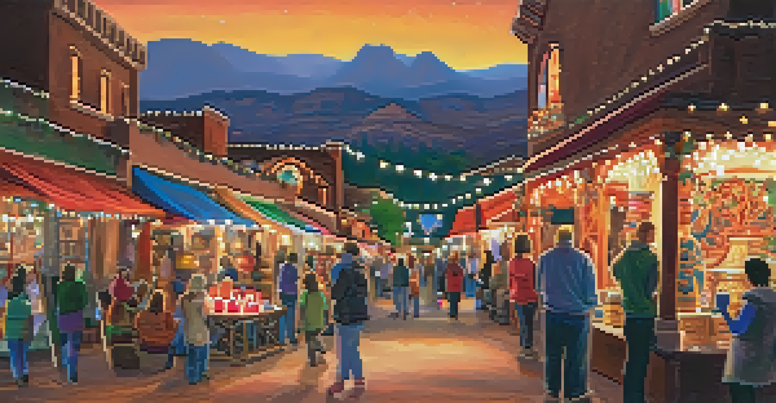 A festive scene at the Festival of Lights in Sedona with artisans showcasing handmade crafts and colorful lights illuminating the event.