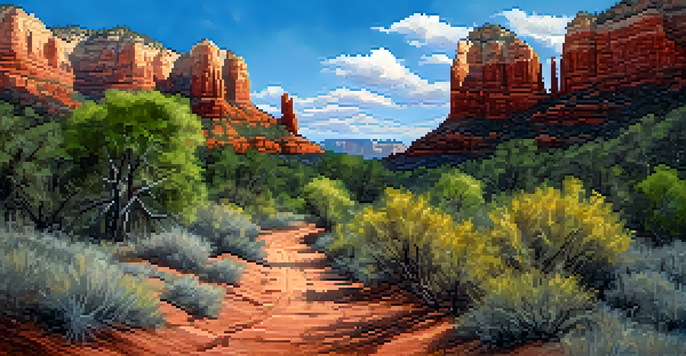 A beautiful landscape of Sedona's West Fork Trail, featuring red rock formations and a winding path with trees and sunlight filtering through.