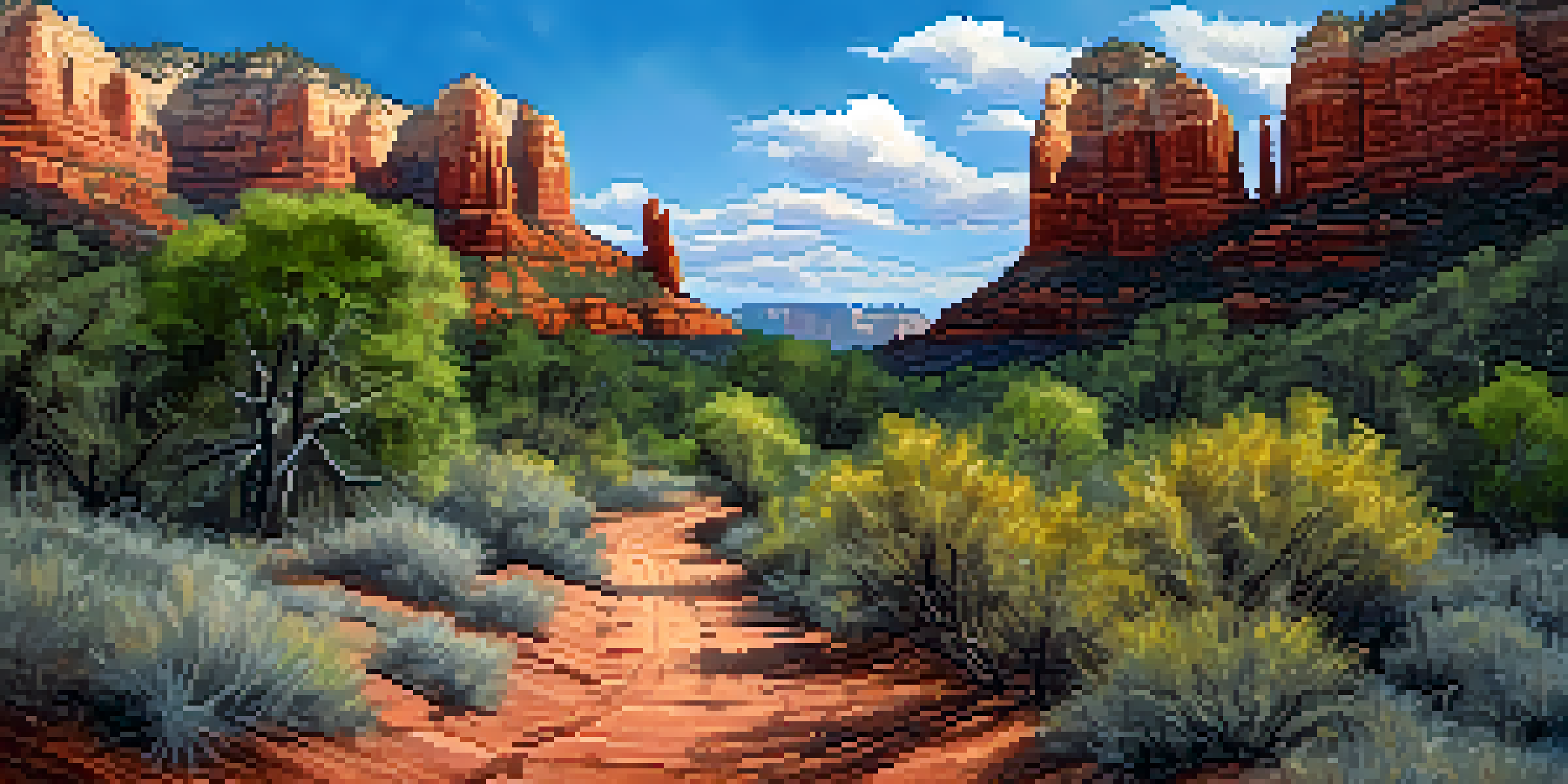 A beautiful landscape of Sedona's West Fork Trail, featuring red rock formations and a winding path with trees and sunlight filtering through.