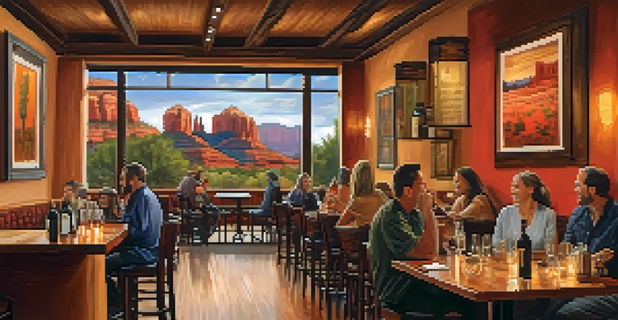 A cozy wine bar with warm lighting, patrons enjoying wine, local art on the walls, and red rock formations visible through large windows.