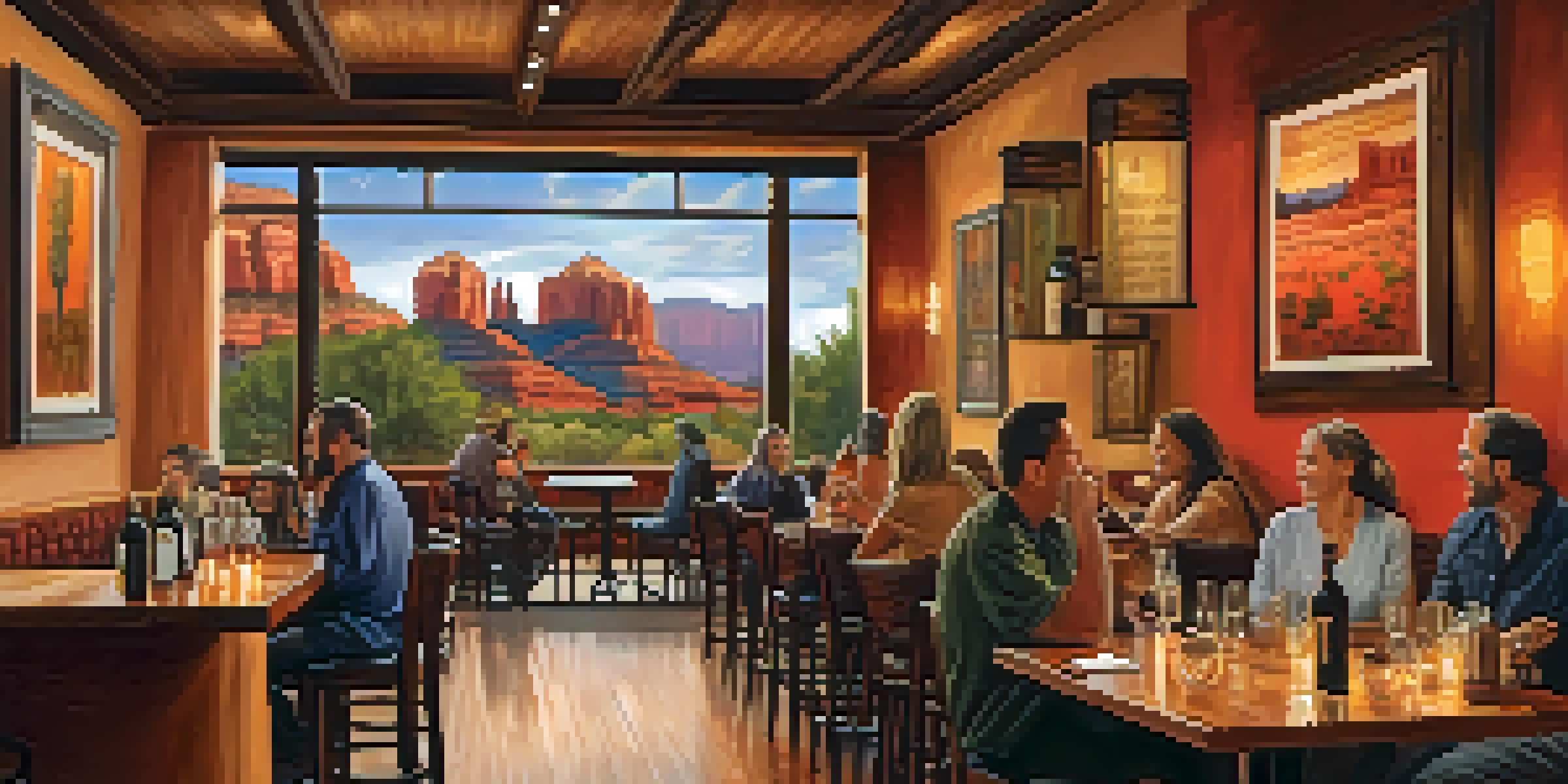 A cozy wine bar with warm lighting, patrons enjoying wine, local art on the walls, and red rock formations visible through large windows.