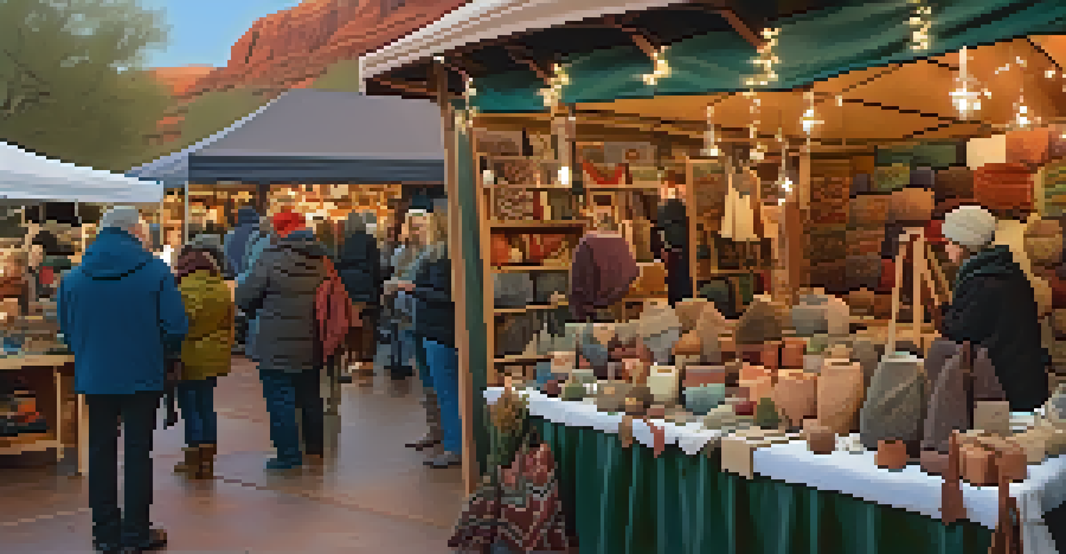 A booth at the Sedona Winter Market showcasing handmade crafts and gifts, with visitors admiring the works.