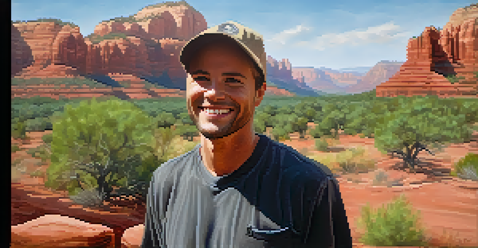 A joyful portrait of a person in Sedona with red rocks in the background.