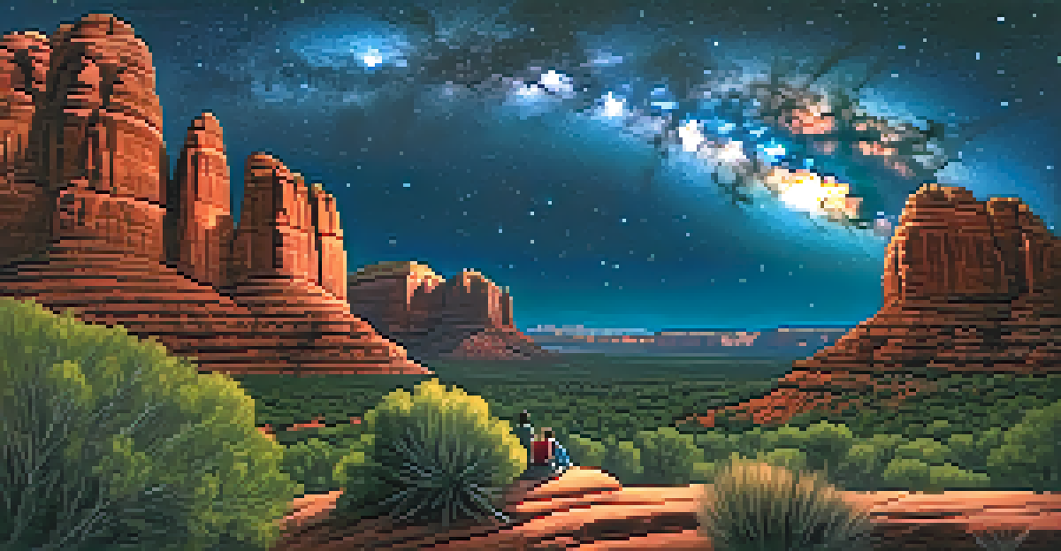 A peaceful Sedona landscape at night with a clear view of the Milky Way and people admiring the stars.