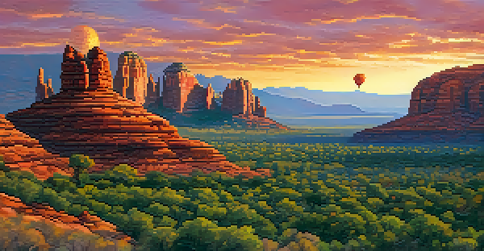 A breathtaking sunrise over Sedona with a hot air balloon rising against colorful skies and red rock formations below.