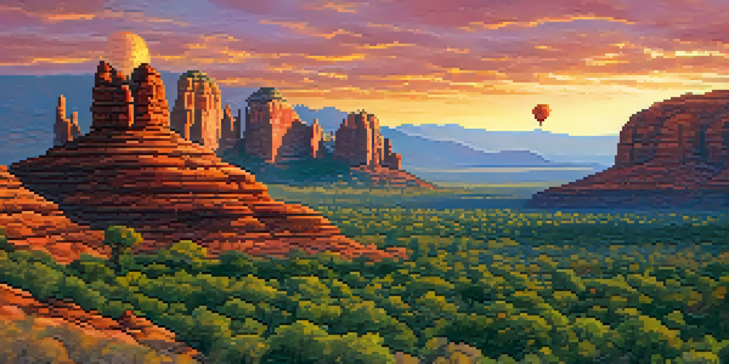 A breathtaking sunrise over Sedona with a hot air balloon rising against colorful skies and red rock formations below.