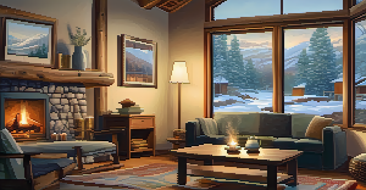 A cozy indoor setting for a winter wellness retreat, with participants in a mindfulness workshop beside a fireplace, and snow falling outside.
