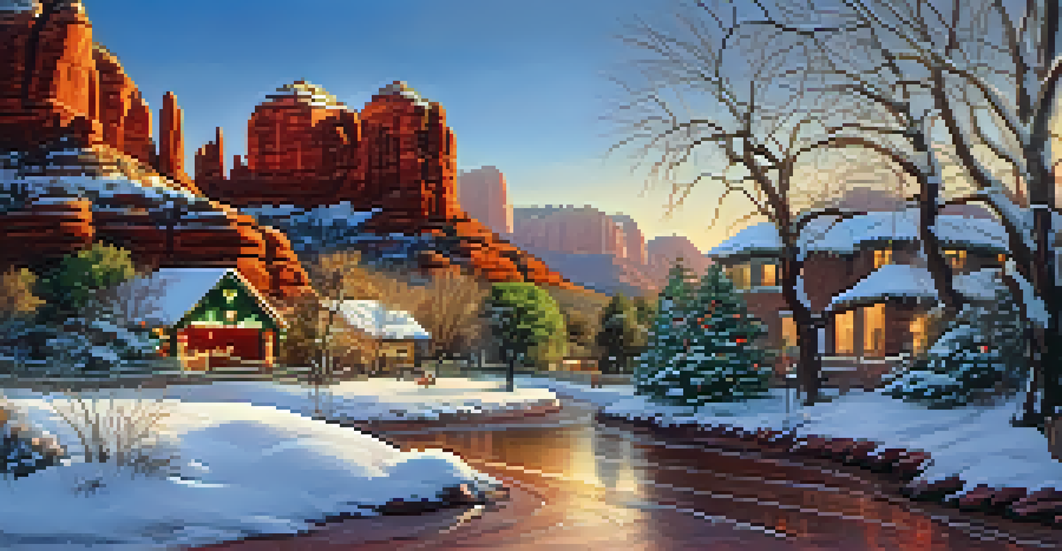 A magical winter scene in Sedona with illuminated red rocks, festive lights, and families enjoying holiday activities.