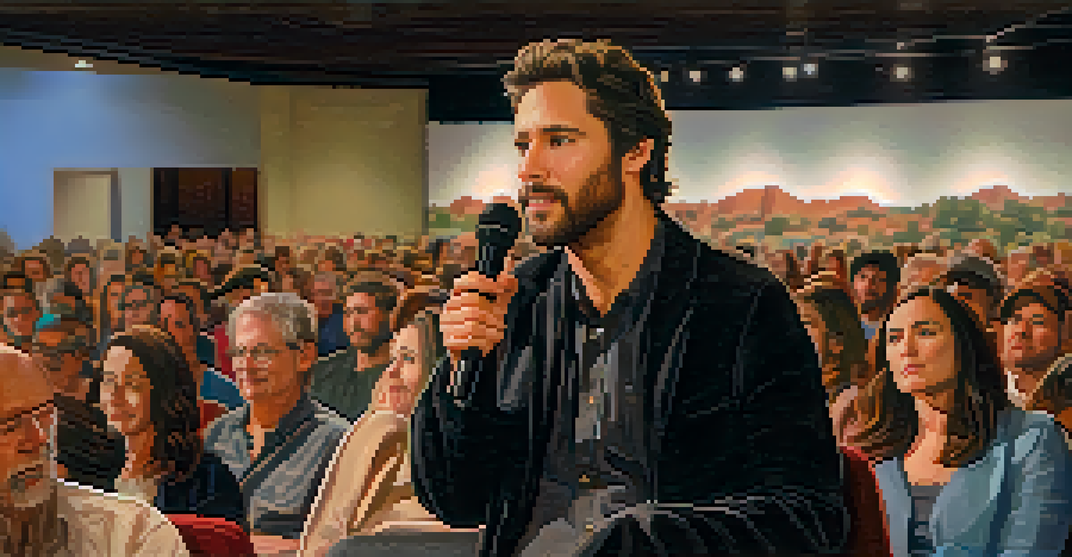 A filmmaker speaking at a Q&A session during Sedona's film festival, with an engaged audience in the background.