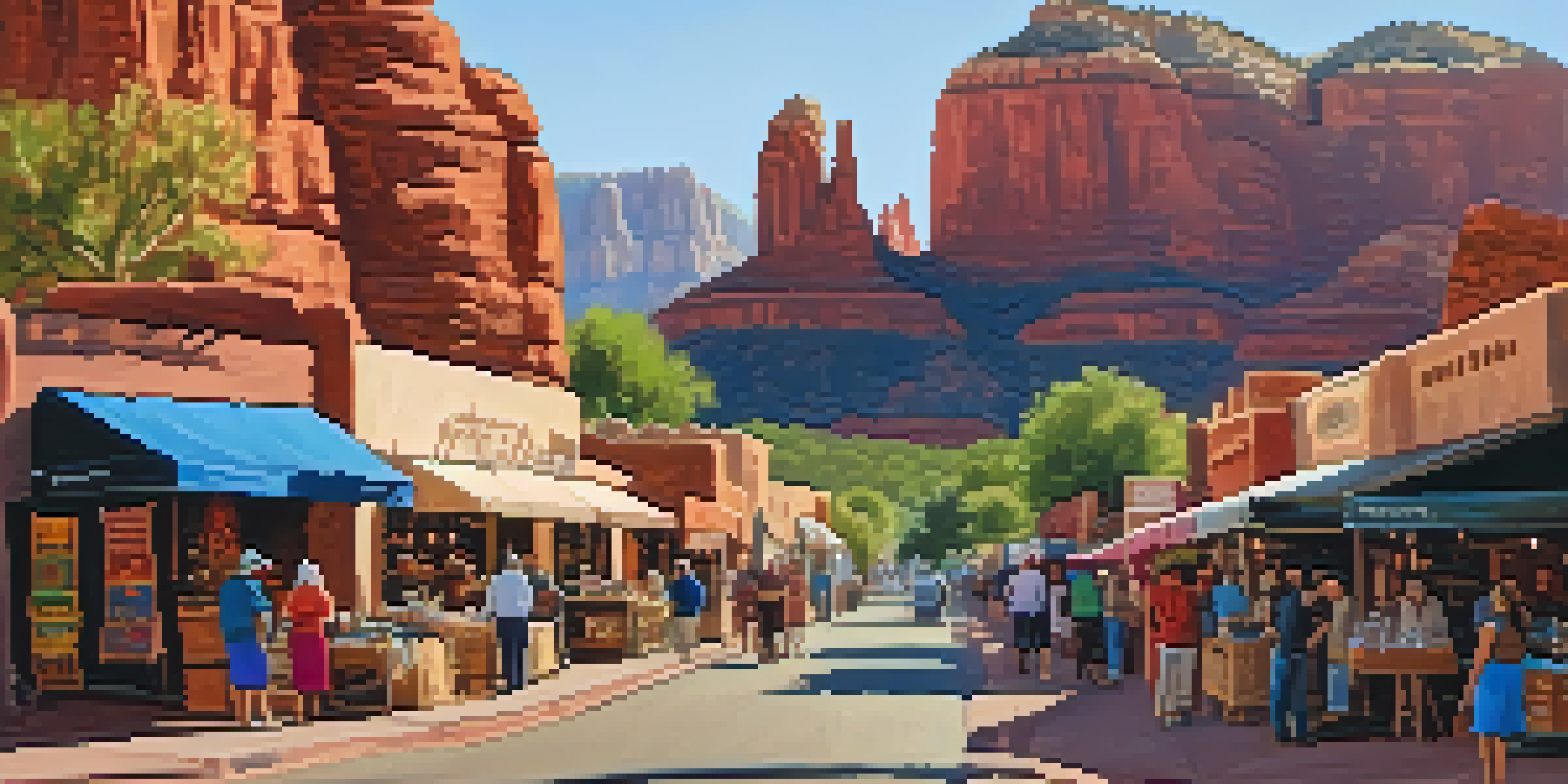 A lively street scene in Sedona with local artisans displaying handmade crafts and visitors interacting with them against a backdrop of red rock formations.