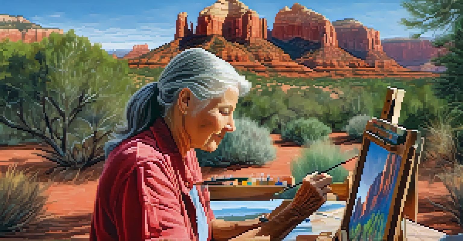 An artist painting a landscape scene in Sedona, surrounded by vibrant colors and picturesque red rocks.