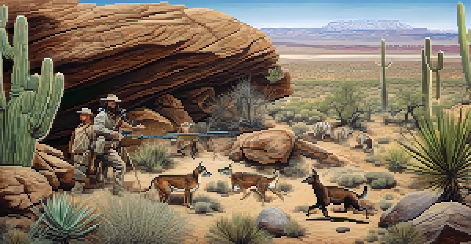 Artistic representation of a hunting scene petroglyph, surrounded by desert flora and earthy textures.