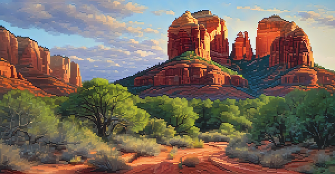 A beautiful sunrise illuminating Cathedral Rock in Sedona, with a winding hiking trail and hikers enjoying the scenery.