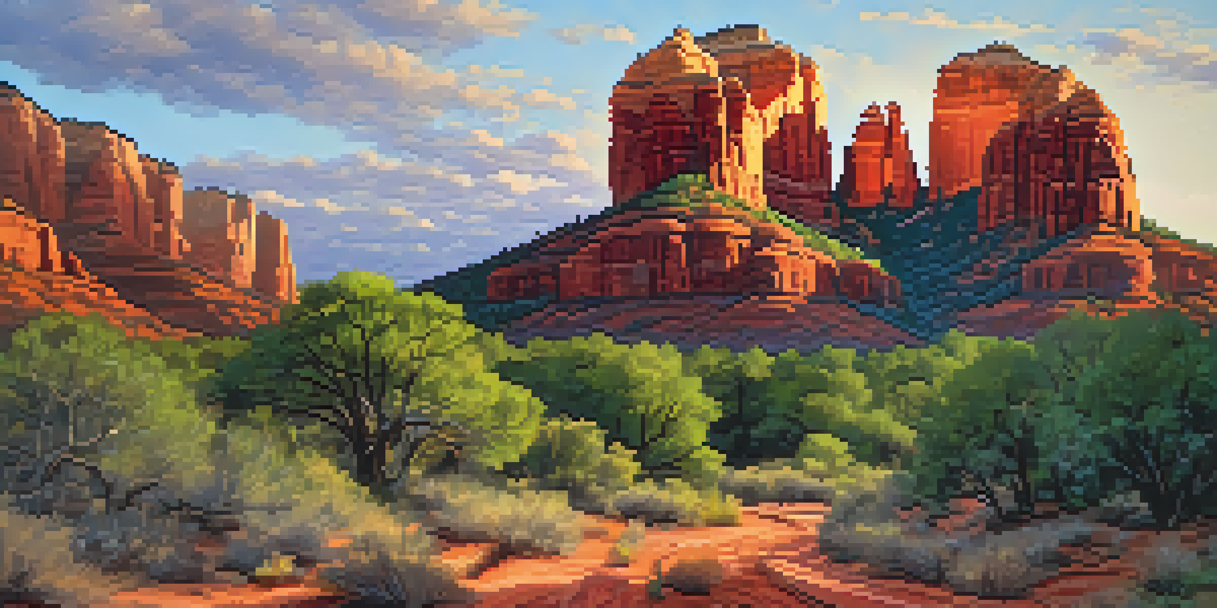 A beautiful sunrise illuminating Cathedral Rock in Sedona, with a winding hiking trail and hikers enjoying the scenery.