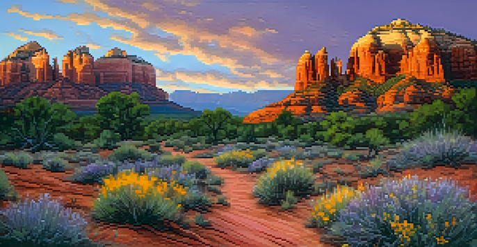 A scenic landscape of Sedona, Arizona, showcasing the red rock formations during sunset with a hiking trail and wildflowers in the foreground.