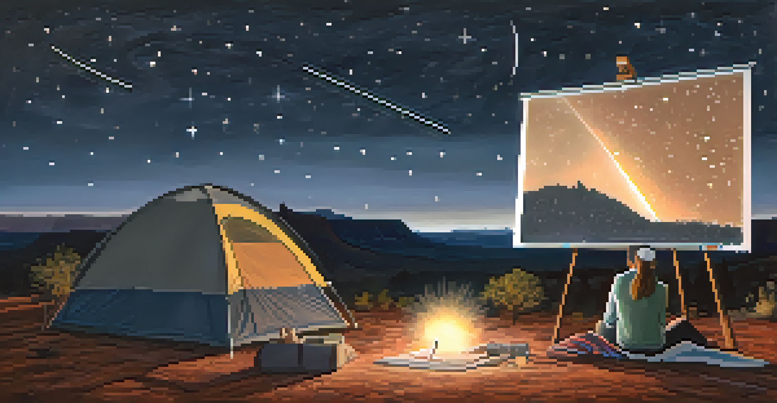 A cozy stargazing setup with a blanket, binoculars, and a star map in Sedona, under a star-filled night sky with silhouettes of people.