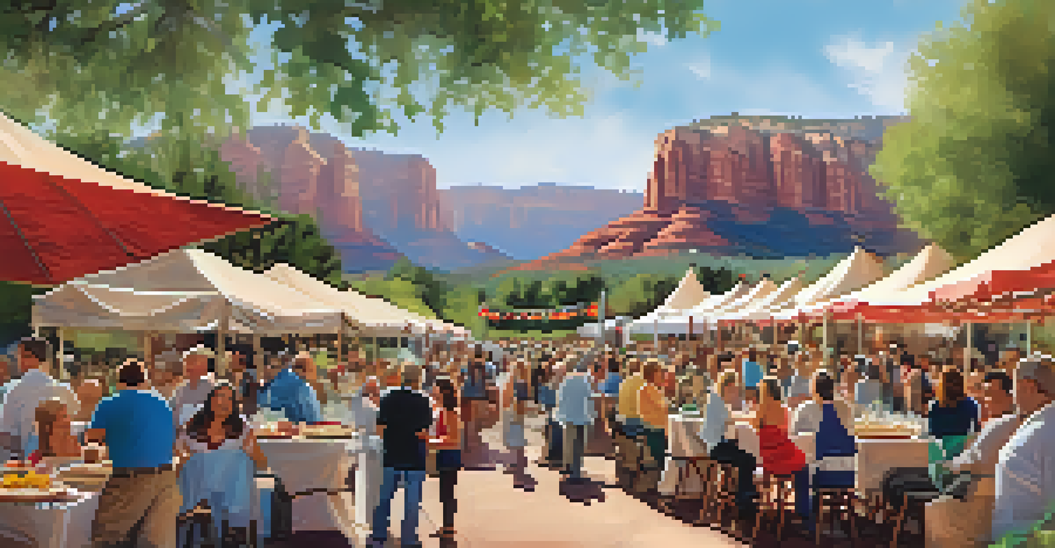 A lively outdoor food and wine event in Sedona with food stalls, attendees sampling local dishes, and a beautiful landscape in the background.