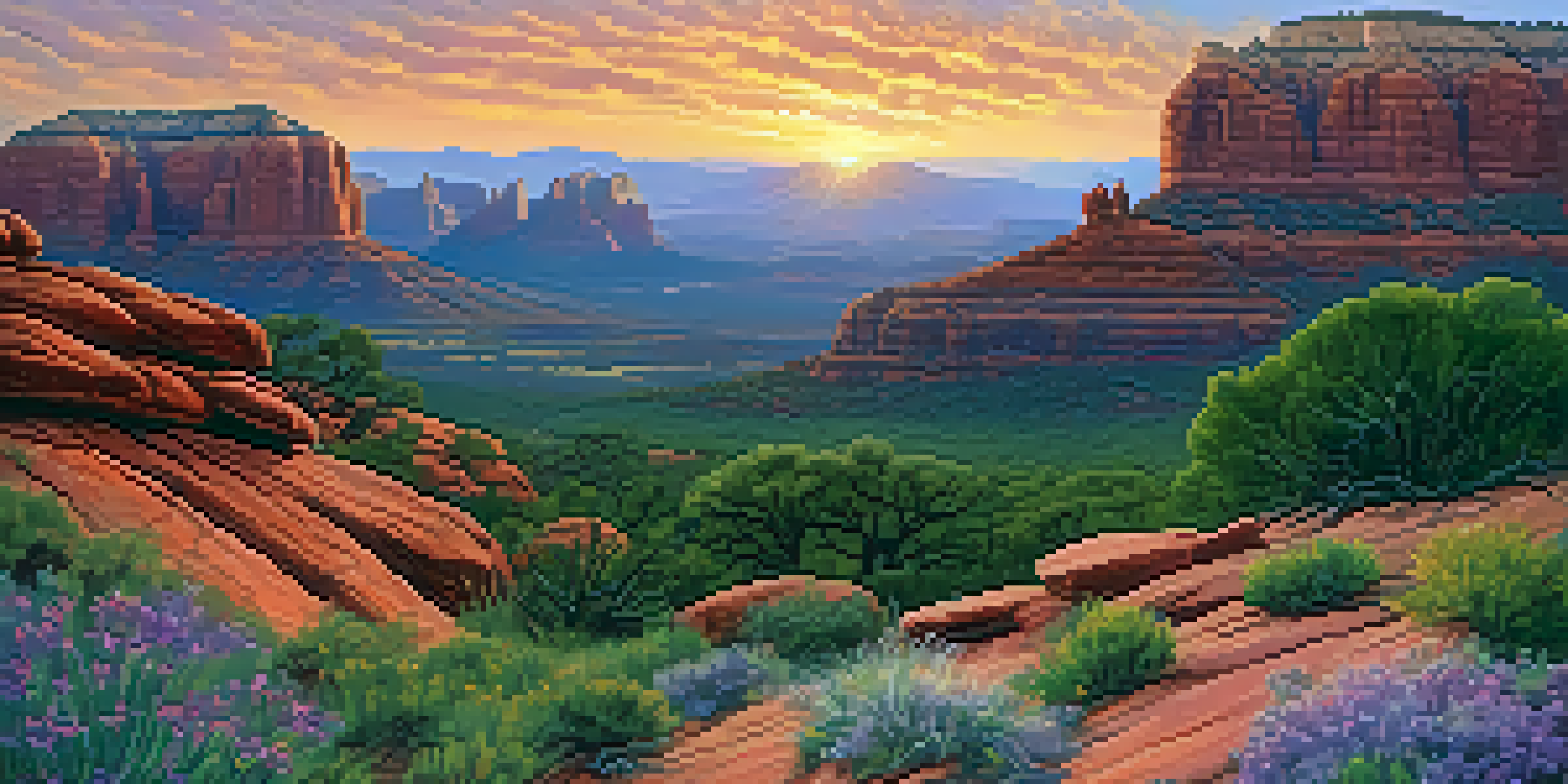 A beautiful sunset over Sedona's red rocks with vibrant colors in the sky and lush vegetation in the foreground.