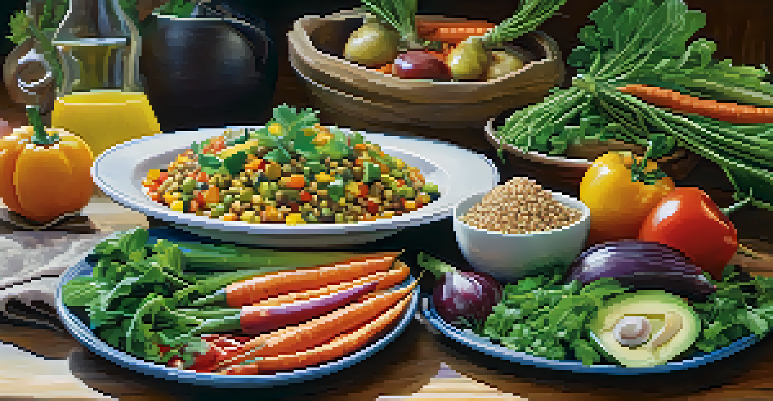 A colorful plate of healthy, locally sourced food with vegetables and grains, set on a rustic wooden table.