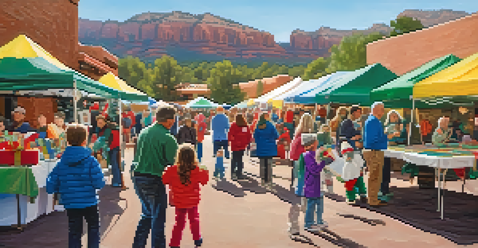 Children participating in a craft activity at a holiday fair in Sedona, with Santa Claus in the background.