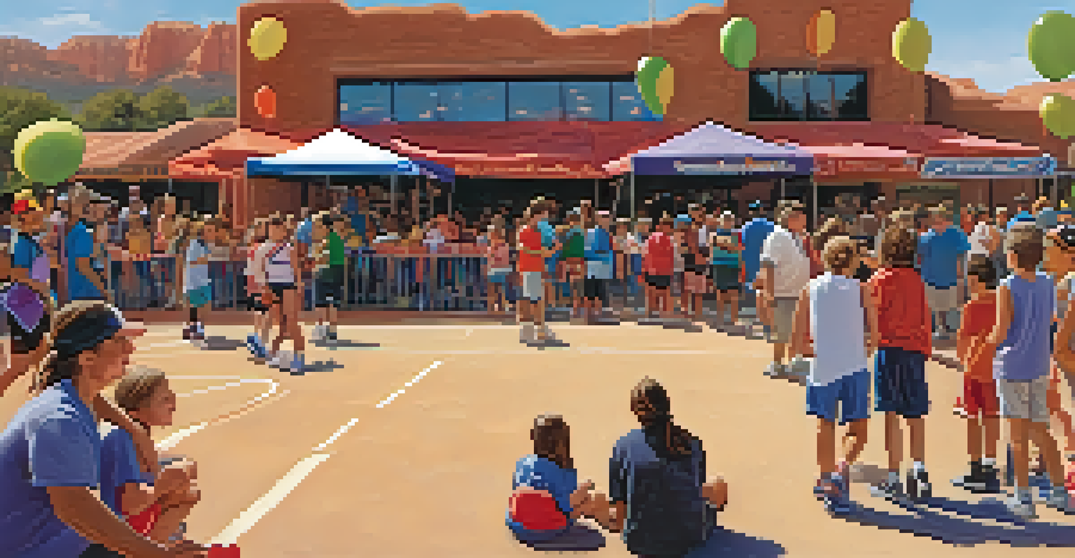 Families enjoying the Sedona Basketball Festival with food stalls and children participating in basketball drills.