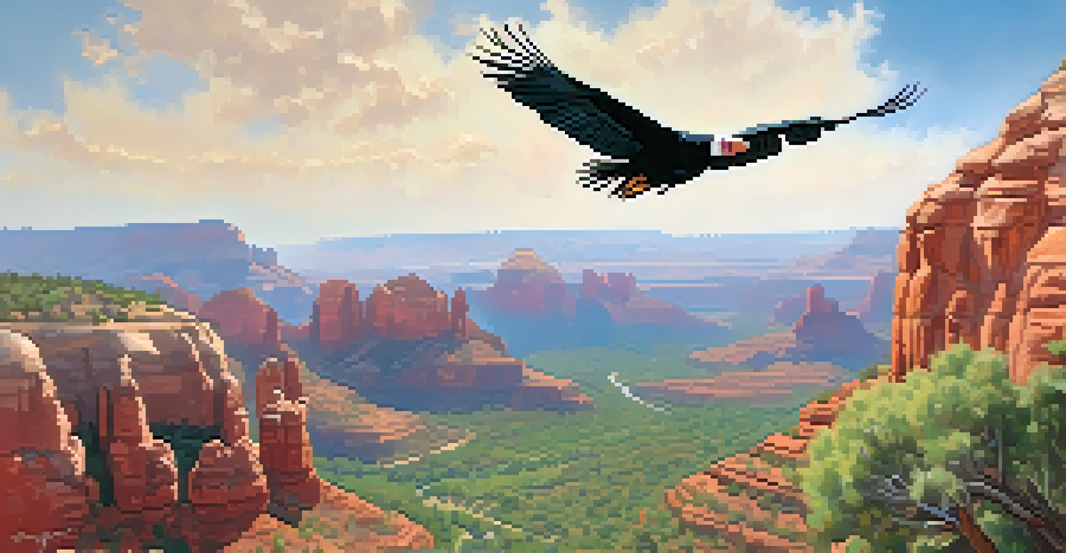 A California condor soaring over Sedona's red rock cliffs and lush vegetation, viewed from above.