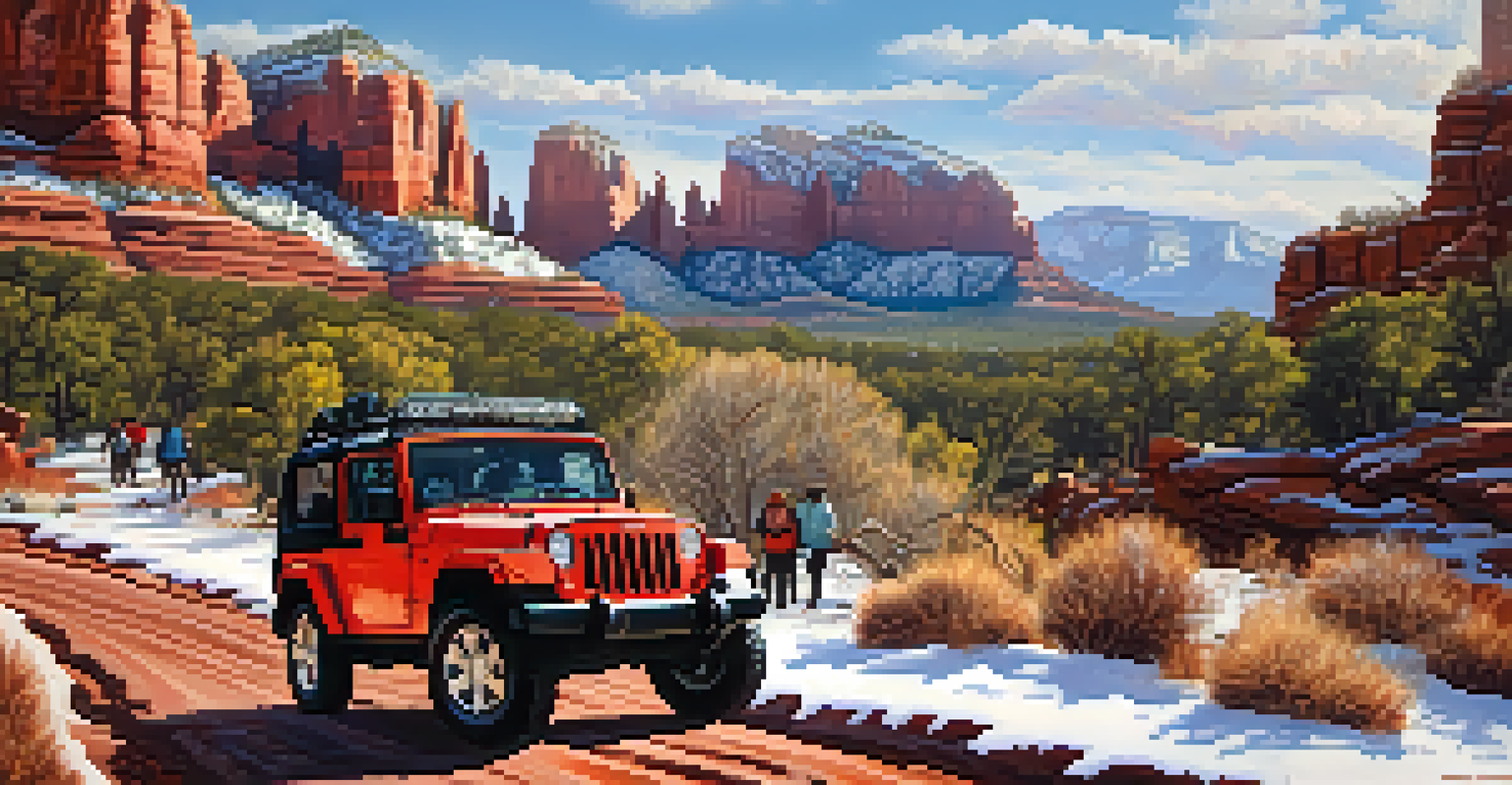A red jeep on an off-road adventure in winter Sedona, surrounded by red rocks and snow.