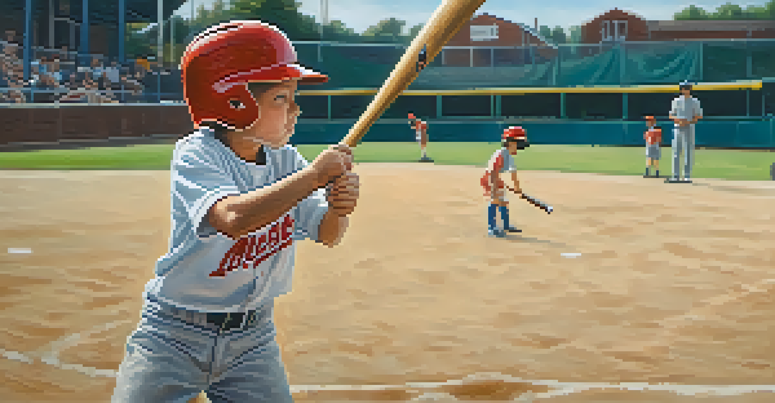 Close-up of a child's hands gripping a baseball bat, showcasing determination and focus with blurred teammates in the background.