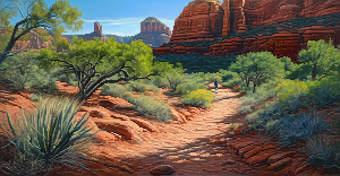 A hiker standing on a winding path surrounded by red rock formations and desert plants in Sedona, Arizona.