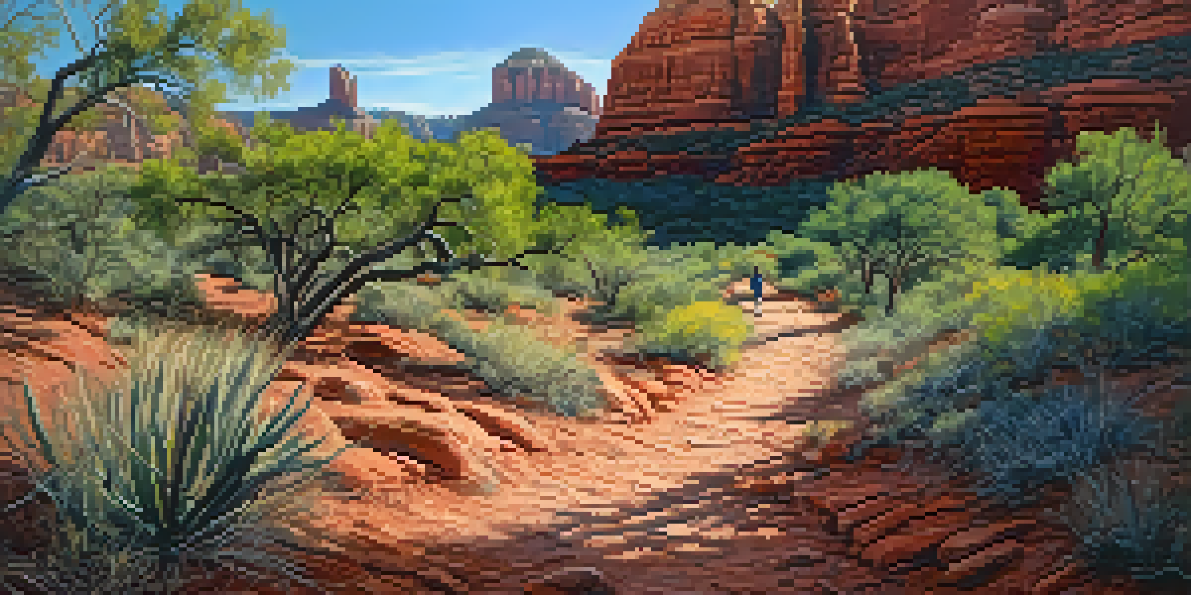 A hiker standing on a winding path surrounded by red rock formations and desert plants in Sedona, Arizona.
