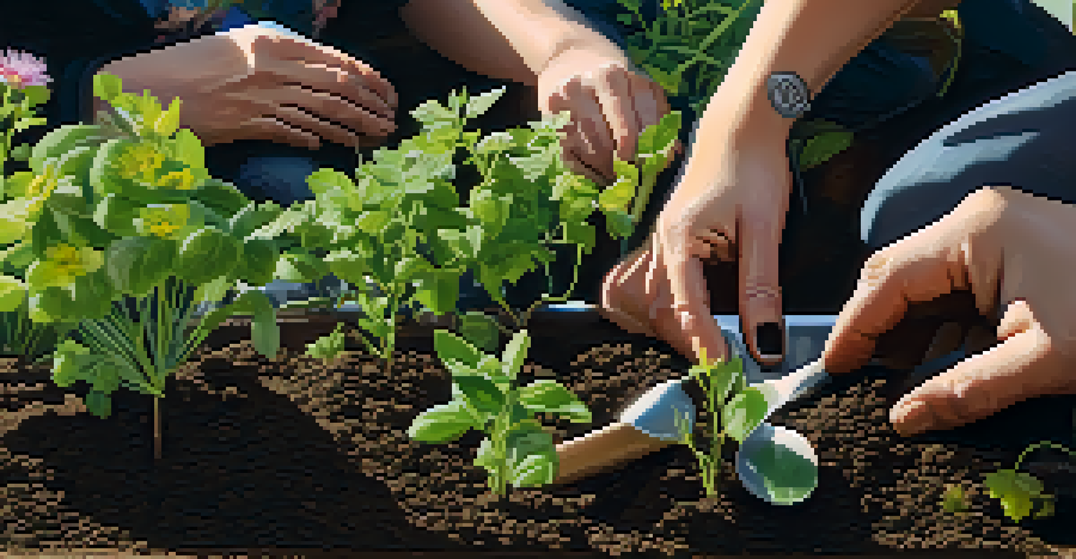 Hands planting seeds in soil during a community gardening event with herbs and flowers around.