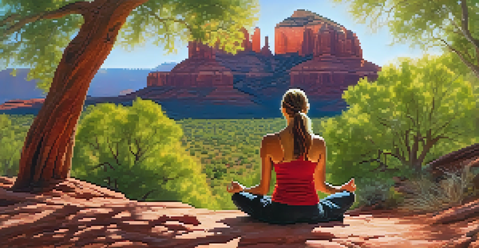 A person meditating on a red rock surrounded by trees in Sedona, with sunlight filtering through the leaves.