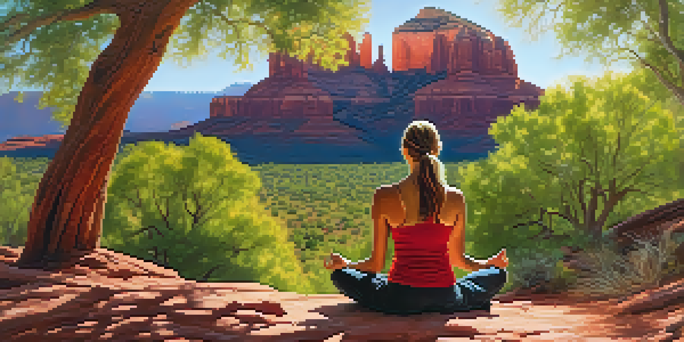 A person meditating on a red rock surrounded by trees in Sedona, with sunlight filtering through the leaves.