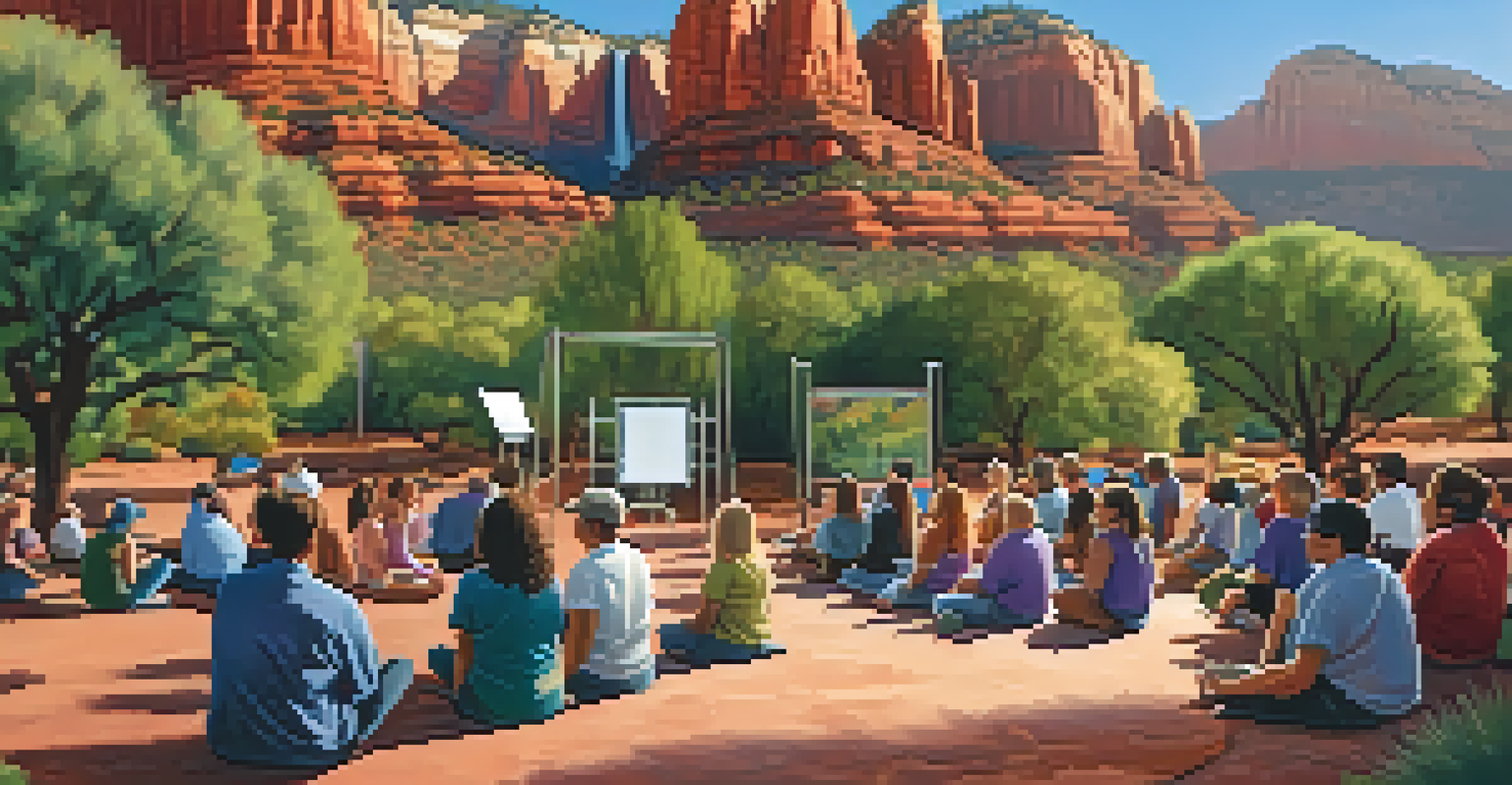 A community workshop on air quality in Sedona with participants discussing in front of red rock formations.