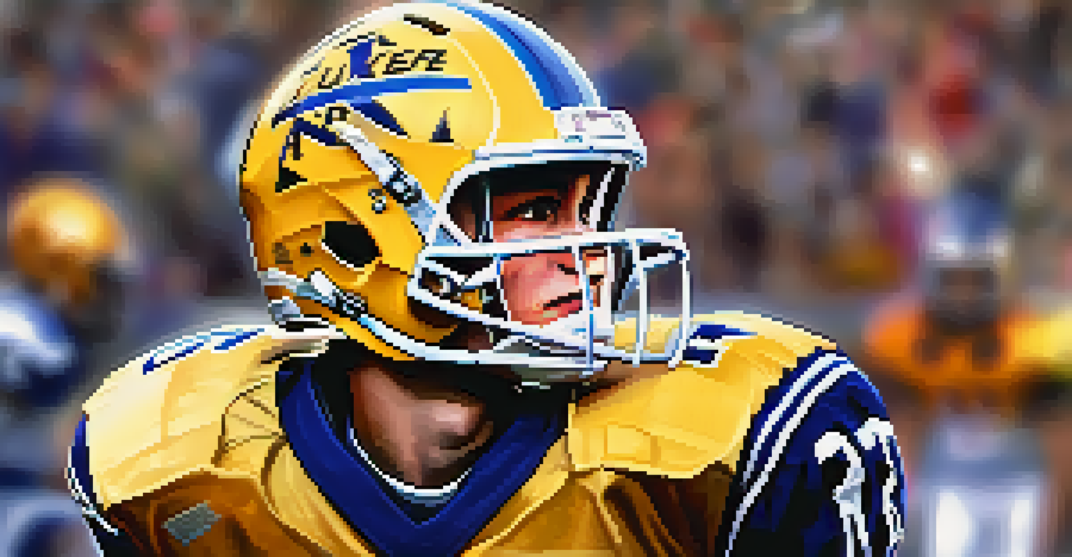 A determined high school football player in a jersey with fans cheering in the background, helmet reflecting stadium lights.