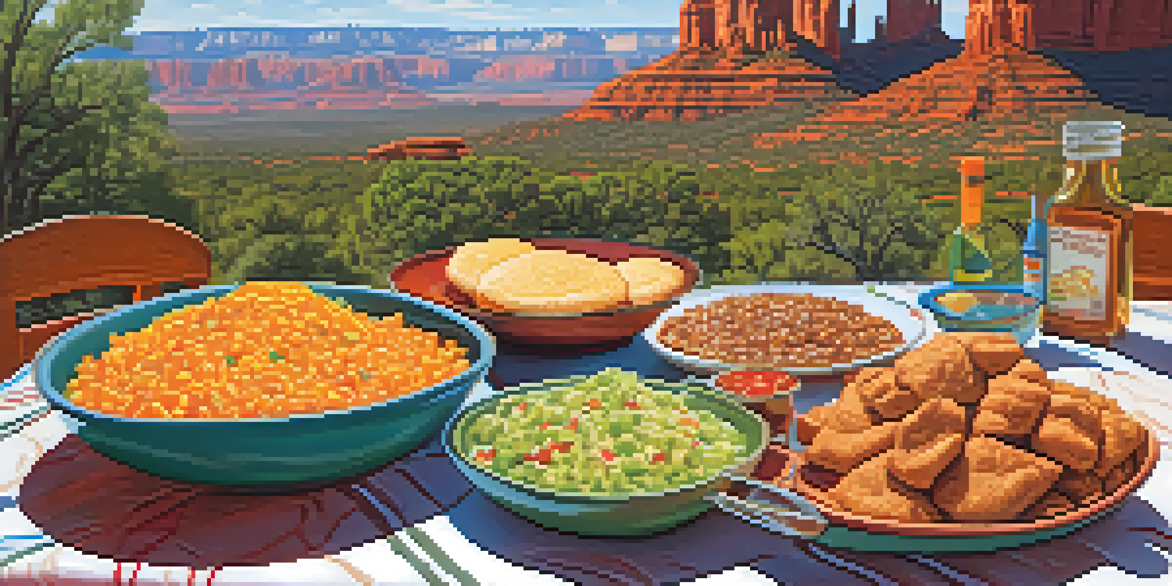 An outdoor table in Sedona with a vibrant Native American feast, including fry bread, Navajo tacos, and traditional stews, set against red rock formations.