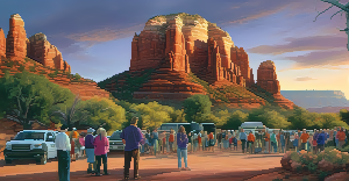 A sunset view over Sedona's red rock formations with community members discussing environmental conservation.
