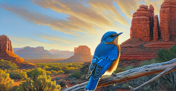 A Western Bluebird perched on a branch in front of Sedona's red rock formations during sunrise, with golden light illuminating the scene.