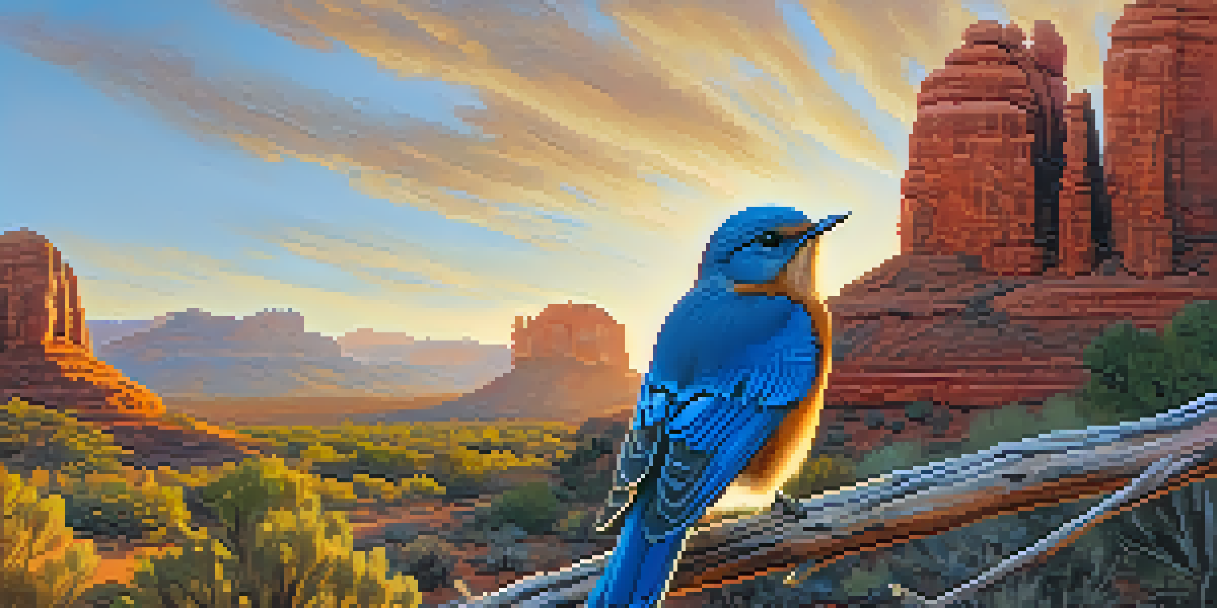 A Western Bluebird perched on a branch in front of Sedona's red rock formations during sunrise, with golden light illuminating the scene.